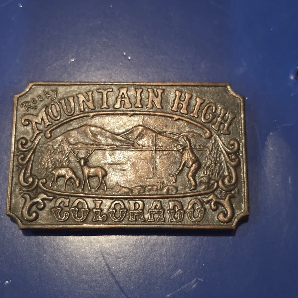 Vintage Rocky Mountain High Colorado Brass Belt Buckle Deer Mountains Hiker